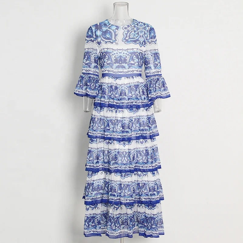 Summer New Blue and White Spandex/Polyester Ink Printing Cake Dress O-Neck Sleeveless Casual Loose Floor-Length Washable Dres