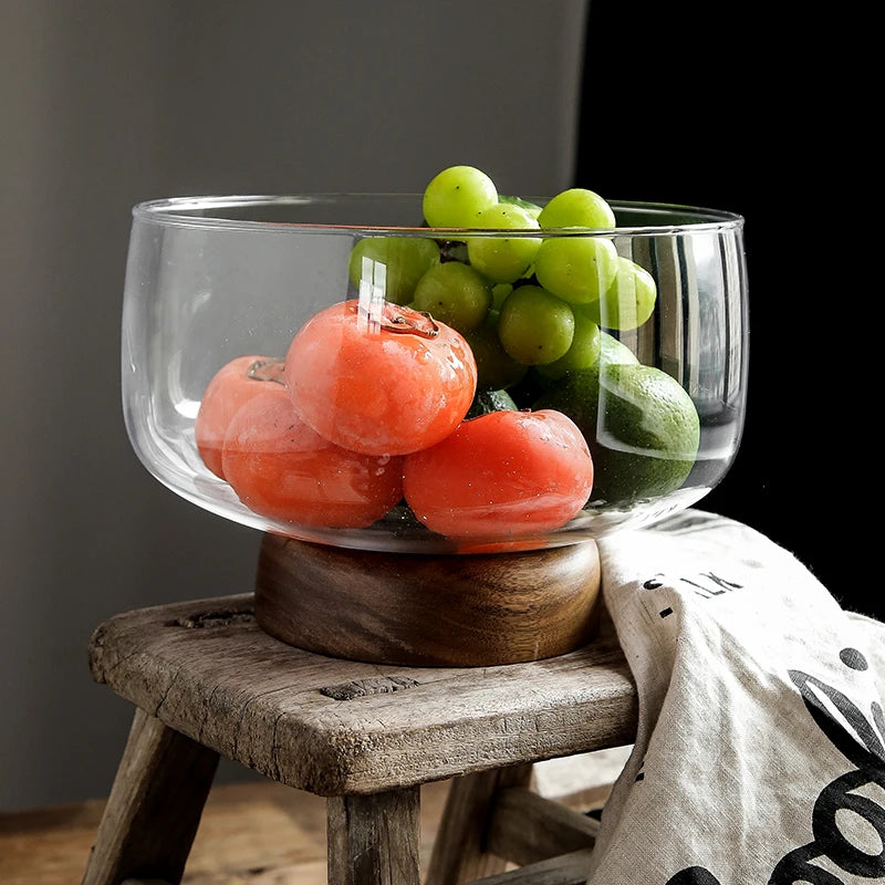 Big Capacity Clear Glass Fruit Plate Creative High Foot Snacks Candy Nut Bowl With Acacia Wood Base Home Restaurant Table Dec
