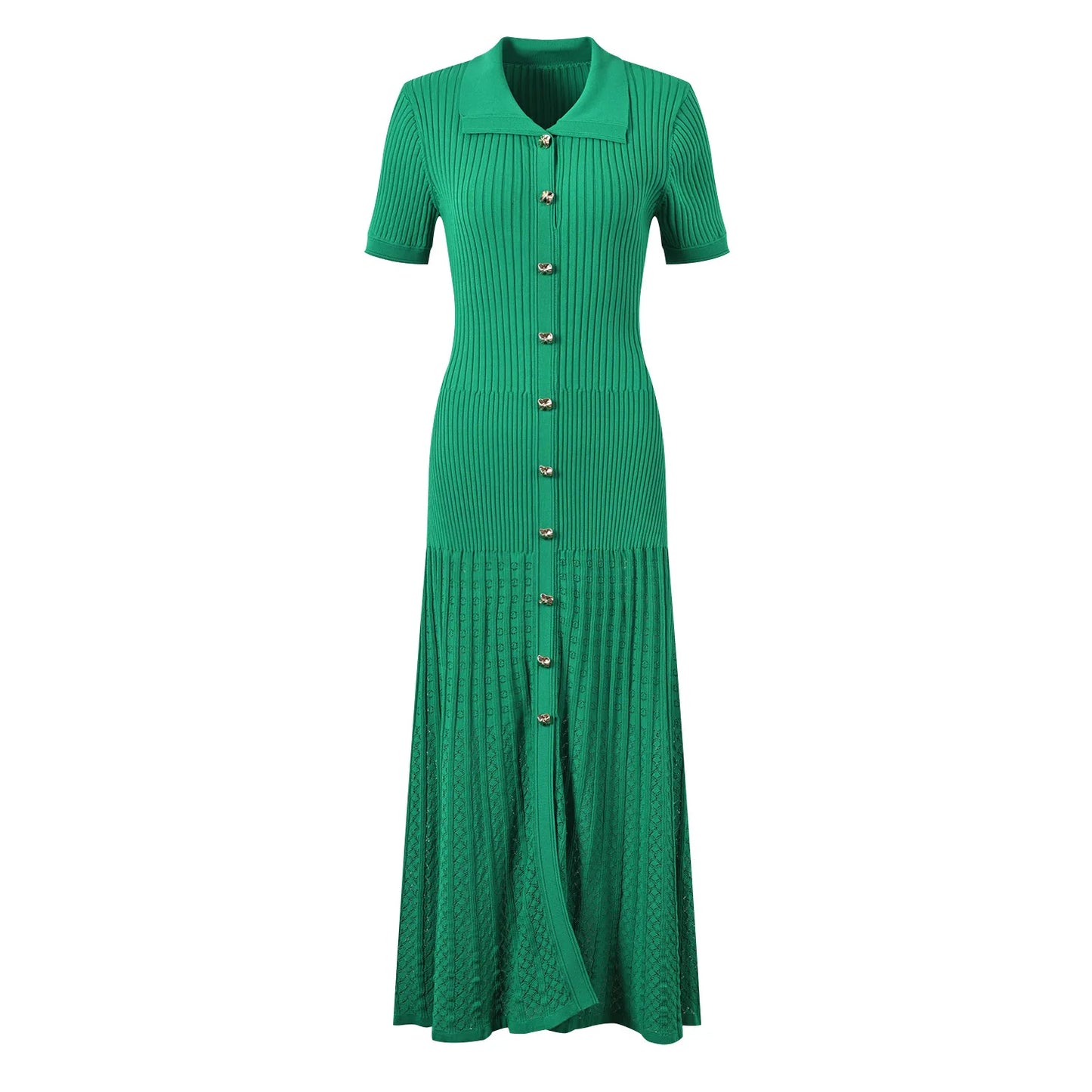 2024 Spring Summer French Style Women Knitted Short Sleeve Single-breasted Polo Neck Ladies Fashion Maxi Long Solid Dresses