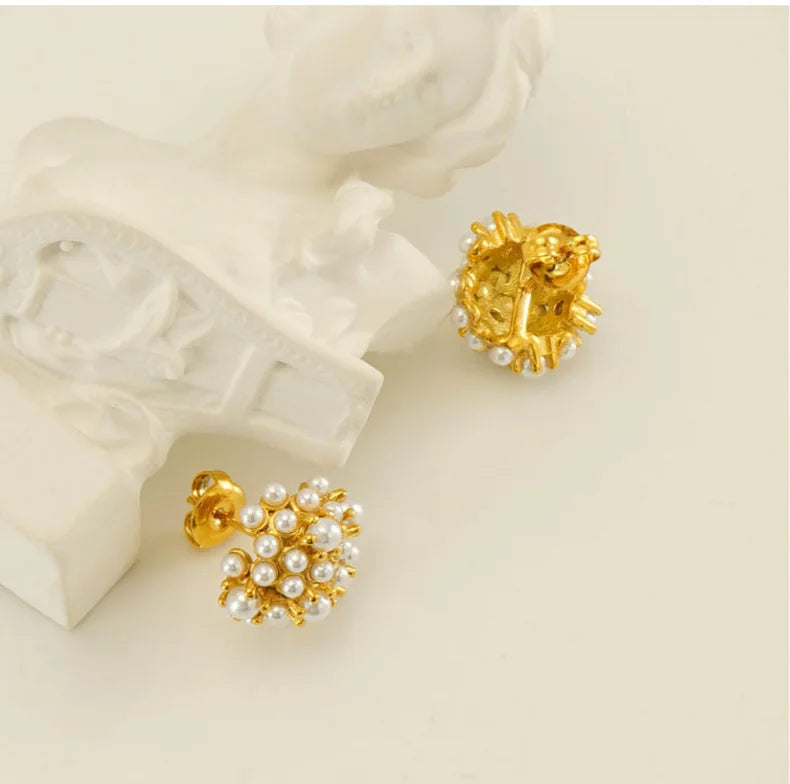 Romantic Bouquet Pearl Stud Earrings Stainless Steel Gold Plated Fashion Jewelry for Women