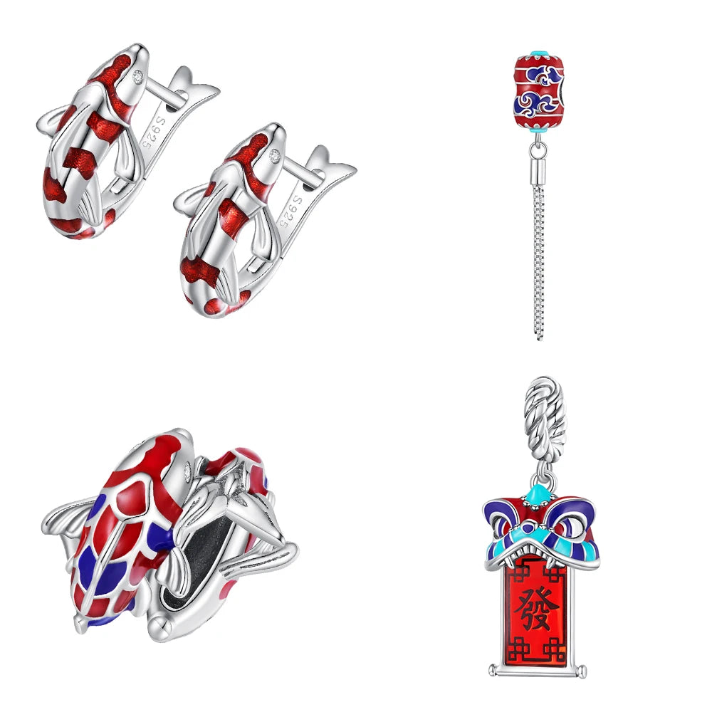 925 Sterling Silver Koi Fish Lucky Charm Bead Zircon Micro Inlay Rhodium Plated Chinese New Year Feng Shui DIY Bracelet Penda