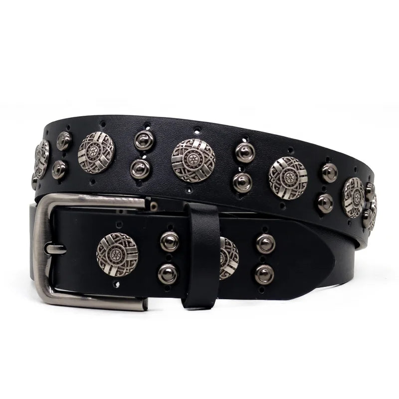 Factory Direct Sales of Black Alloy Buckle Hardware Rivets Punk Fashion Casual Men's Leather Wide Belt