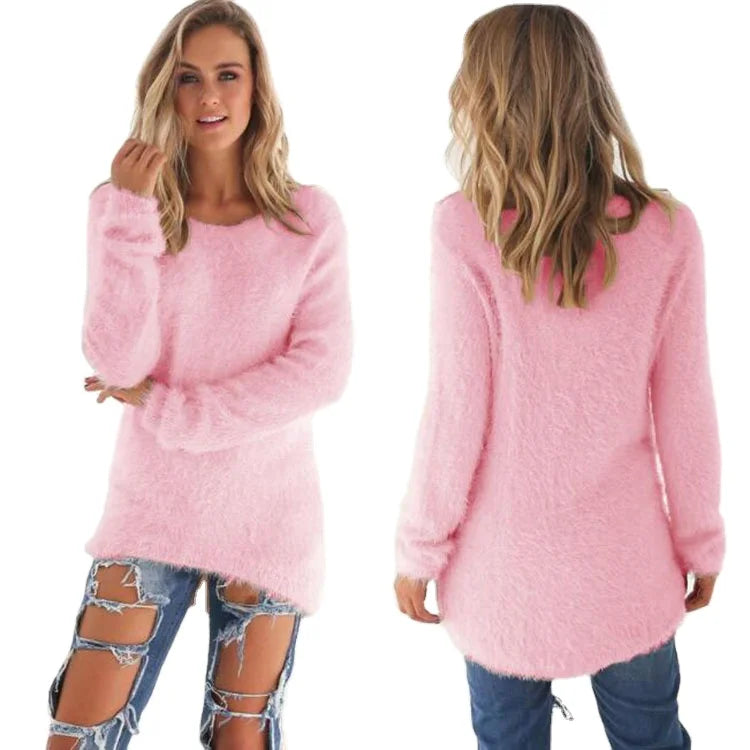 2022 Fall Fashion Ladies Solid Color Fleece Loose Sweater Top Women Winter Crewneck Long Sleeve Pullover Warm Sweaters for Wo
