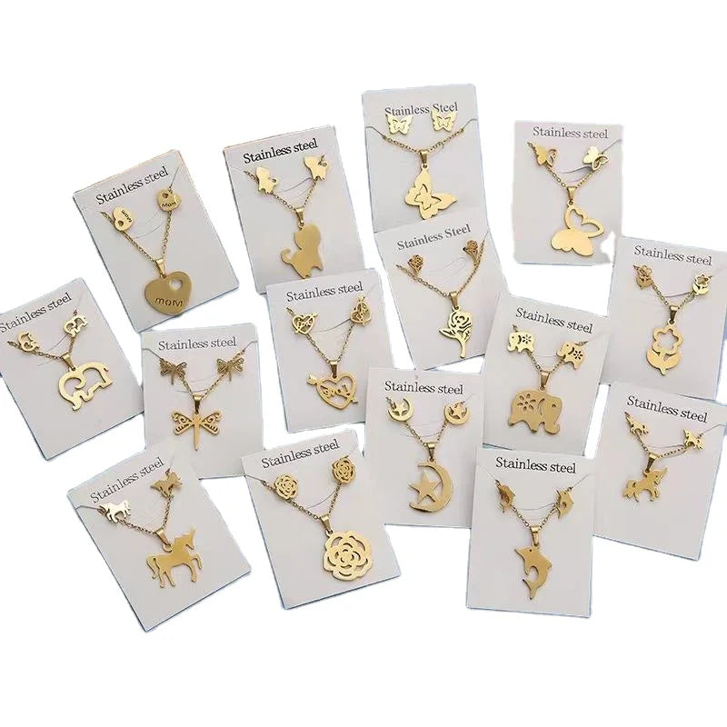 2024 Wholesale Cheap Women Girls Stainless Steel Jewelry 18k Gold Necklace Pendant and Stud Earrings Jewelry Set
