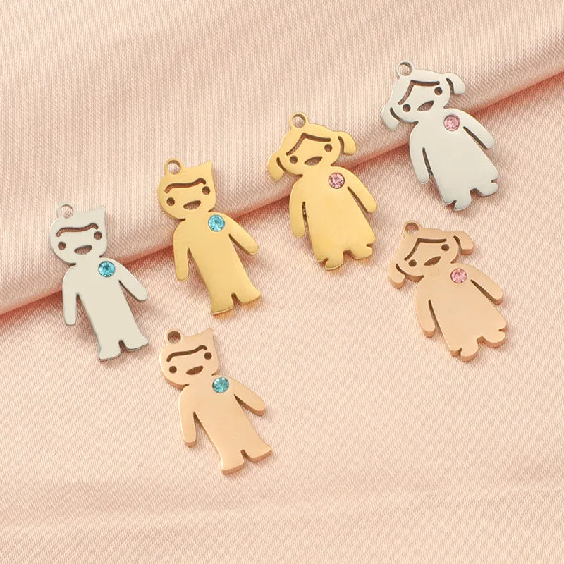 Stainless Steel Cute Boy and Girl Pendant Mirror Polished Children Charms for DIY Bracelet Necklace Jewelry Marking
