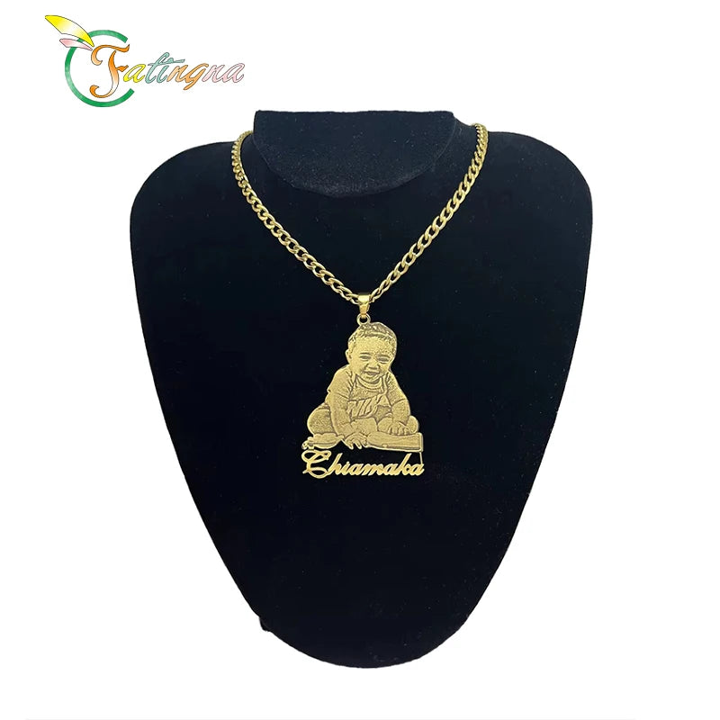 Fatingna Stainless Steel Necklace Custom Photo Necklace Custom Picture Nameplate Pendant Necklace for Kids Custom Memory Jewe