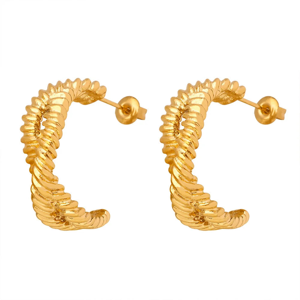 New Arrival 18K Gold Twisted Hoop Earrings Fashion Statement Jewelry Women Textured Spiral Design Half Circle Stud