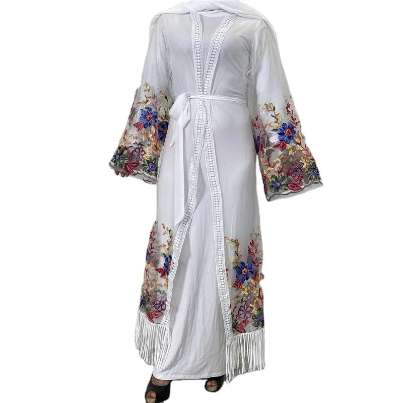 Embroidery Flower Pattern Transparent Lace Long Open Classic Muslim Latest Fashion Lace Design Abaya