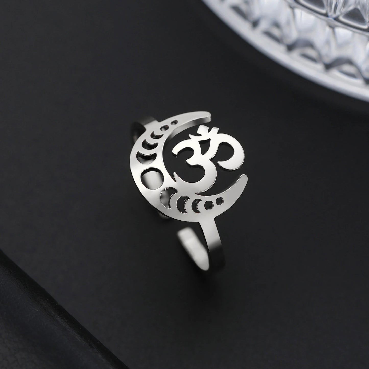 OM Symbol Moon Phase Ring Stainless Steel Crescent Moon Buddhism Amulet Adjustable Ring for Women Jewelry Birthday Gift