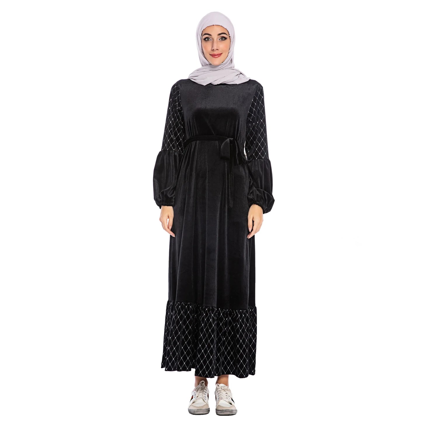 Plain Blue Red Color Velvet Fabric Long Classic Style O Neckline Elastic Cuff Gold Stamping Grid Muslim Women Abayas