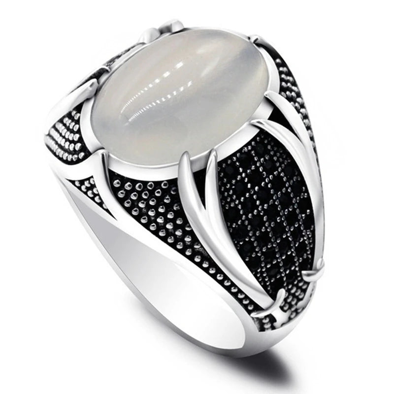 Retro Punk Islamic Rings Trendy Religious Muslim Jewelry Vintage Turkish Double Swords Black Stone Ring for Men
