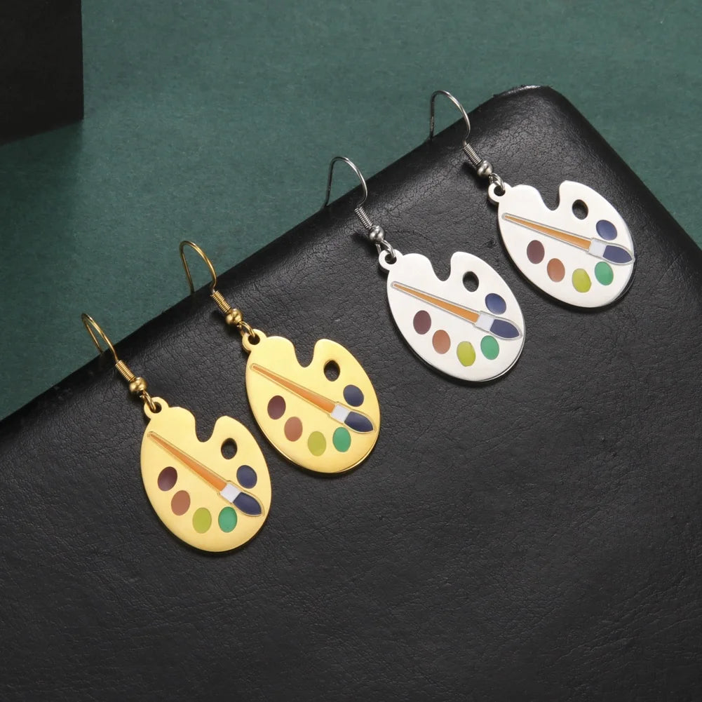Aesthetic Color Palette Dangle Earrings Stainless Steel Fashion Artistic Paint Plate Pendant Drop Earrings Jewelry Gift