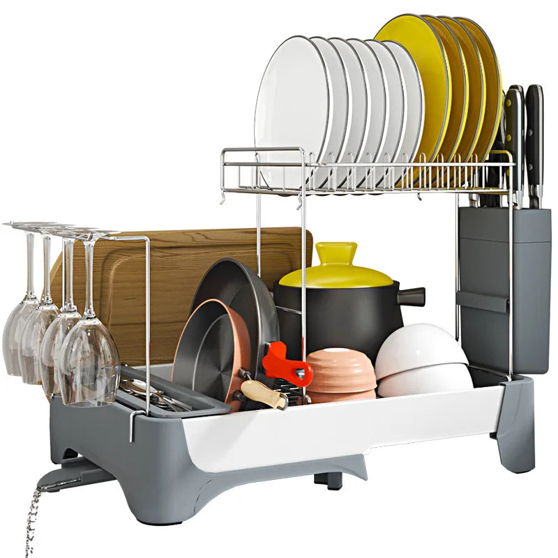 ZX NEW Aluminum Stainless Steel Double Adjustable Eco-Friendly Standing Kitchen Dish Drainer Rack Detachable Design for