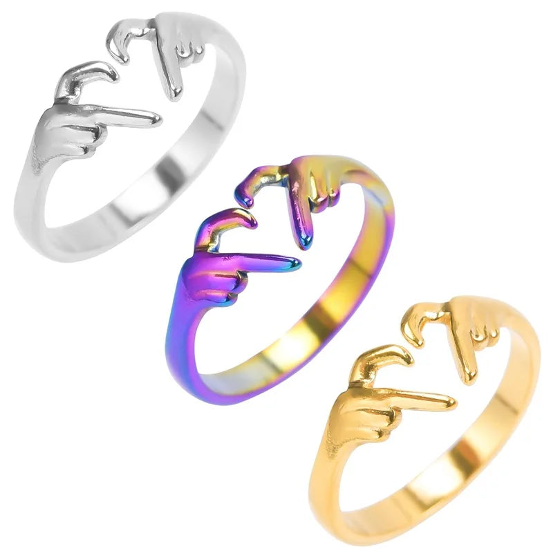 Creative Gold Plated Hand Gesture Rings Romantic Stainless Steel Love Heart SHape Couple Ring for Women