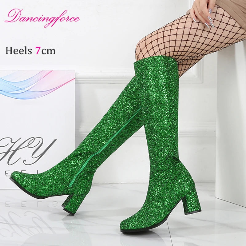Glitter Knee High Costumes 60s 70s Retro Gogo Boots Nightclub Go Go Party Dance Shoes for Ladies Large Size 46
