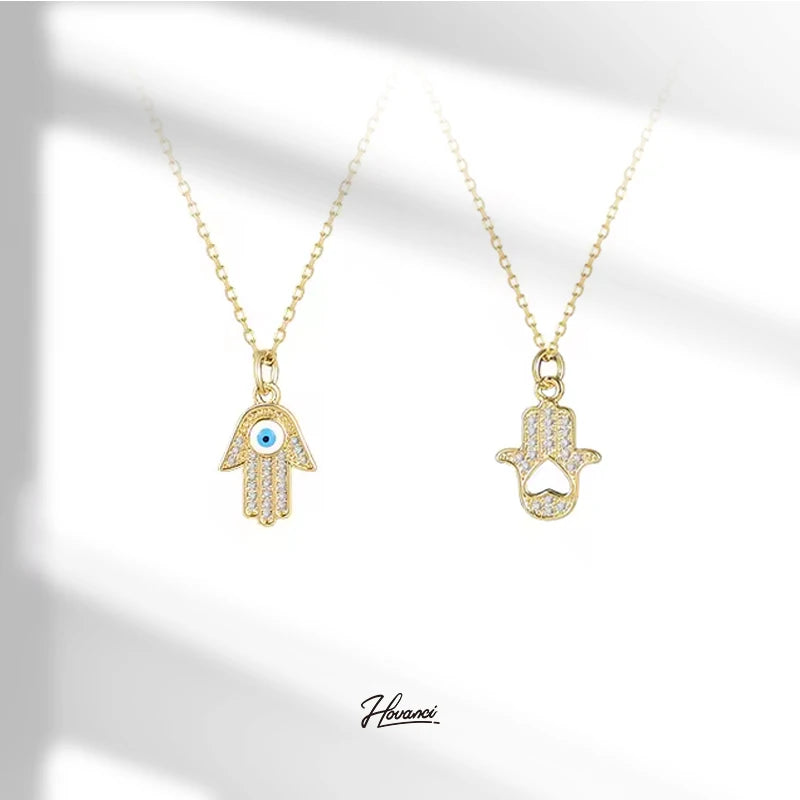 HOVANCI Non Tarnish PVD 18k Gold Stainless Steel Fashion Necklace Water Wave Chain Necklace Palm Eye Pendant Necklace