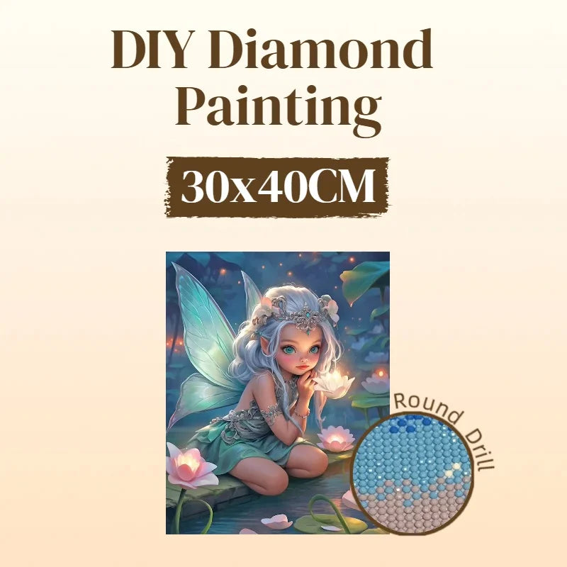 Handmade 30x40cm Lotus Elf Design Diamond Painting Full Round 5D Acrylic Drill Cartoon Diamond Painting Kit for Beginner