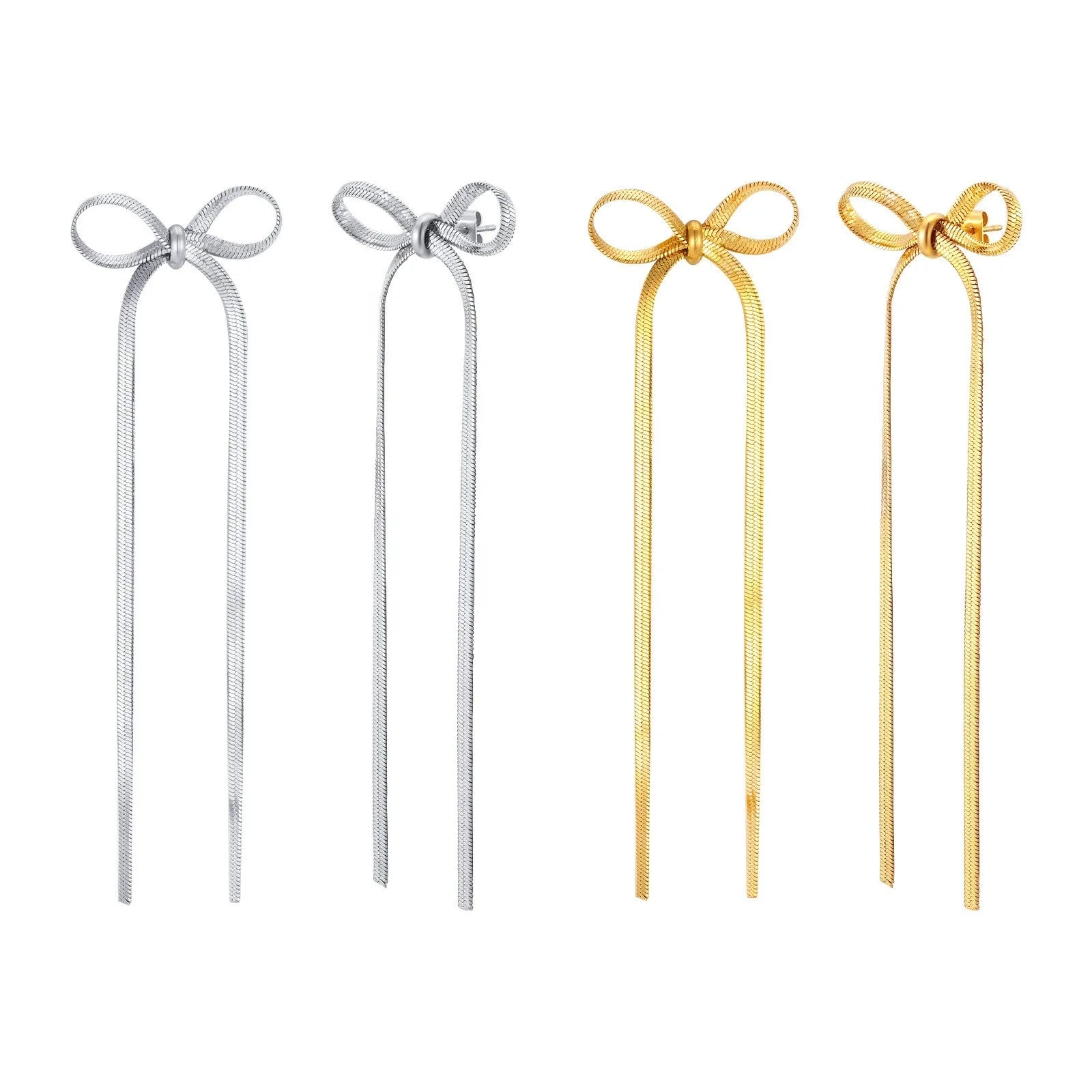 Light Luxury Waterproof 18K Gold-plated Stainless Steel Earrings Snake Chain Long Bow Earrings Women's Exquisite Fashion Jewe