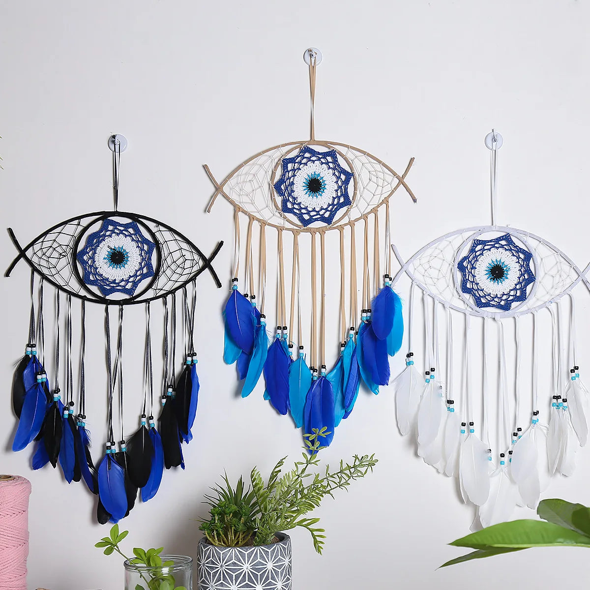 Evil Eye Dream Catcher With Fairy Lights-Handmade Blue Feather Dream Catchers Ornament Home Decor Bedroom Blessing Craft Gift