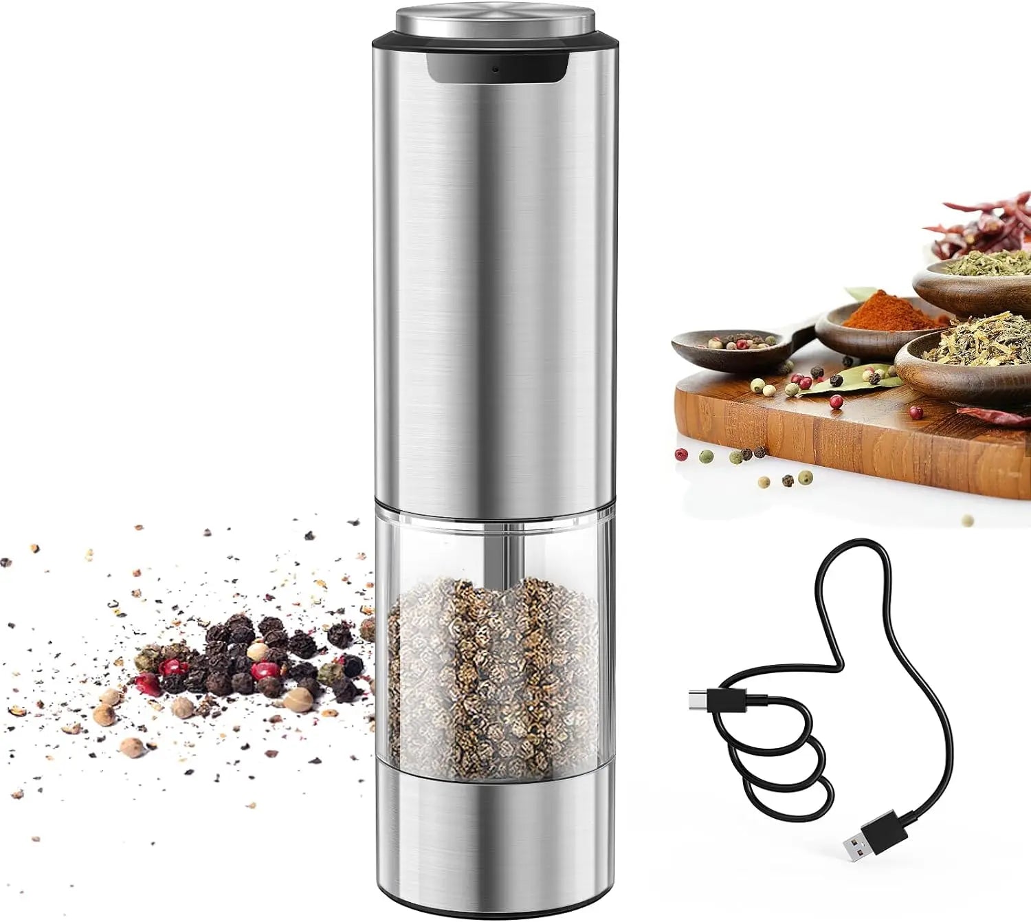 Rechargeable Electric Pepper Grinder with White LED Light Stainless Steel Mill with 95ml Washable Container White LED Light