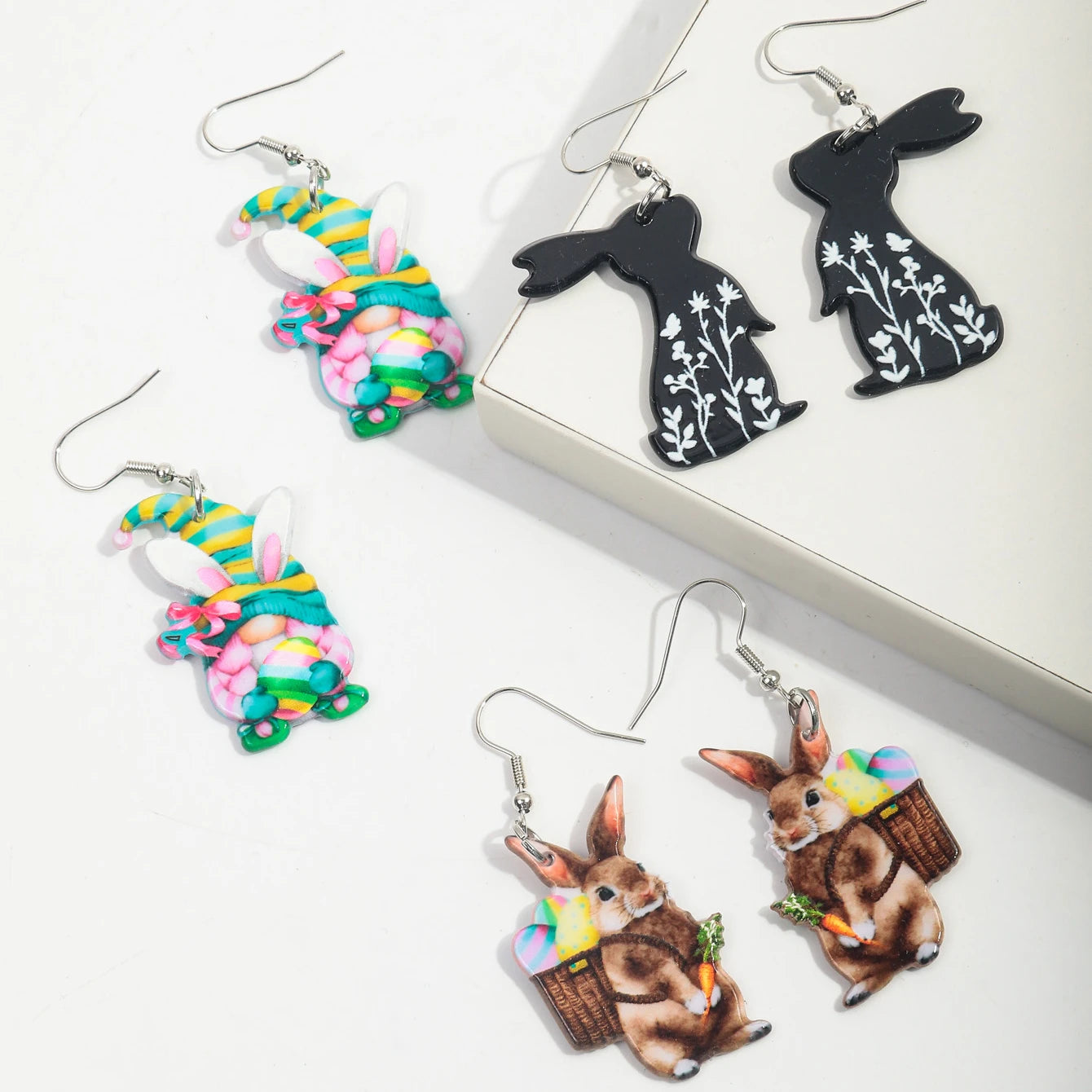 Popular New Cute Flowers Colorful Dwarf Rabbit Ears Cartoon Bamboo Basket Carrot Egg Easter Gift Acrylic Drop Earrings Jewelr