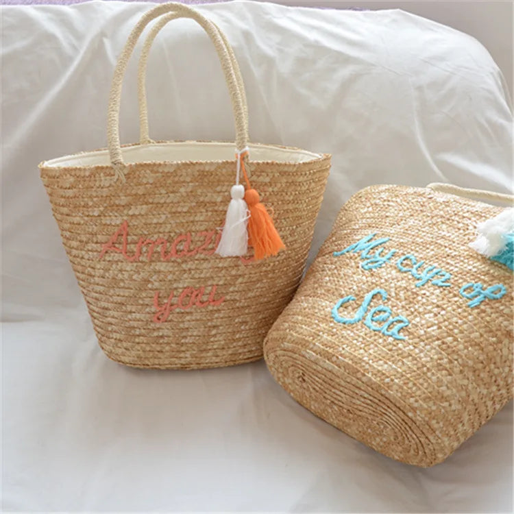 Sweet Letter Straw Women's Handbag Fashion Large Capacity Ladies Beach Bags Simple Handmade Female Shoulder Bag Tote Purse
