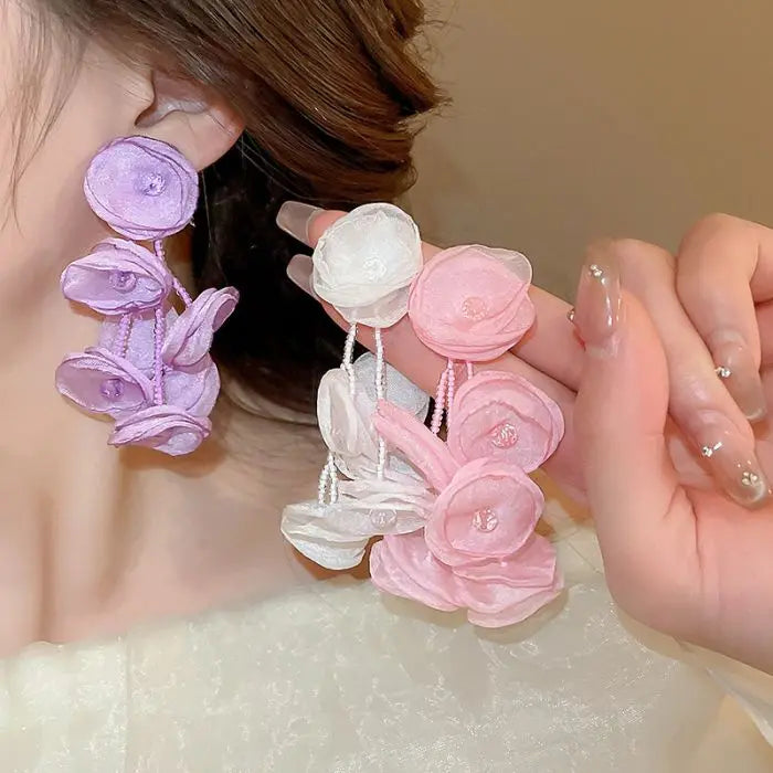 Mesh Flower Leaf Resin Beads Tassel Drop Earrings for Women Fashionable Party Jewelry
