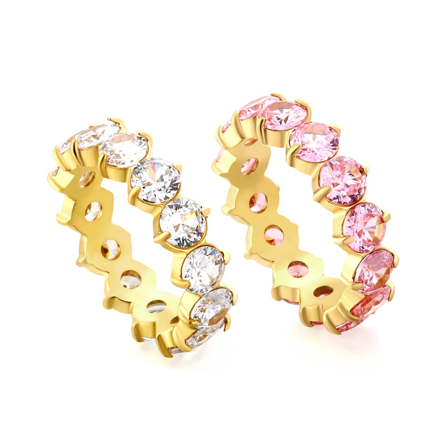 Personalized 2024 Engagement Wedding Ring for Women Waterproof Rose Gold Plated Stainless Steel White Pink Cubic Zirconia Pav