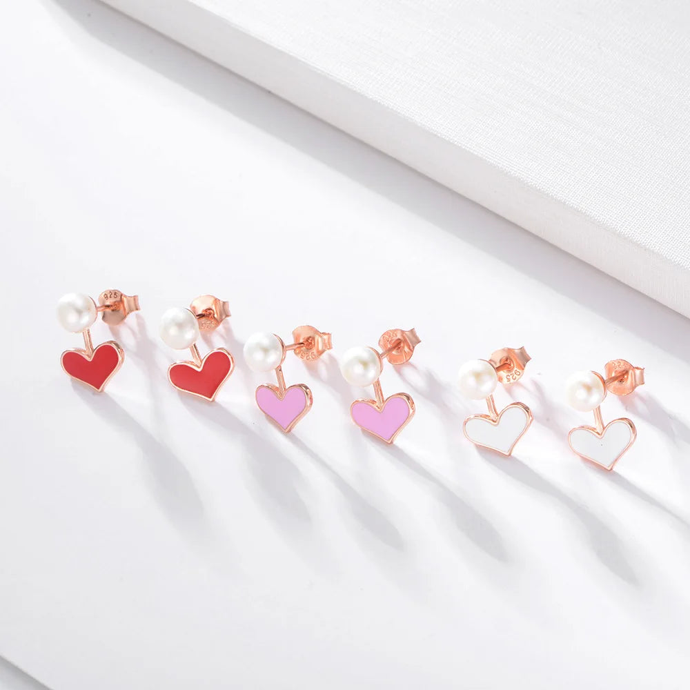 Romantic 925 Sterling Silver Heart Enamel Pearl Earrings Rose Gold Plated Cute Heart Studs Valentine's Day Jewelry Gift