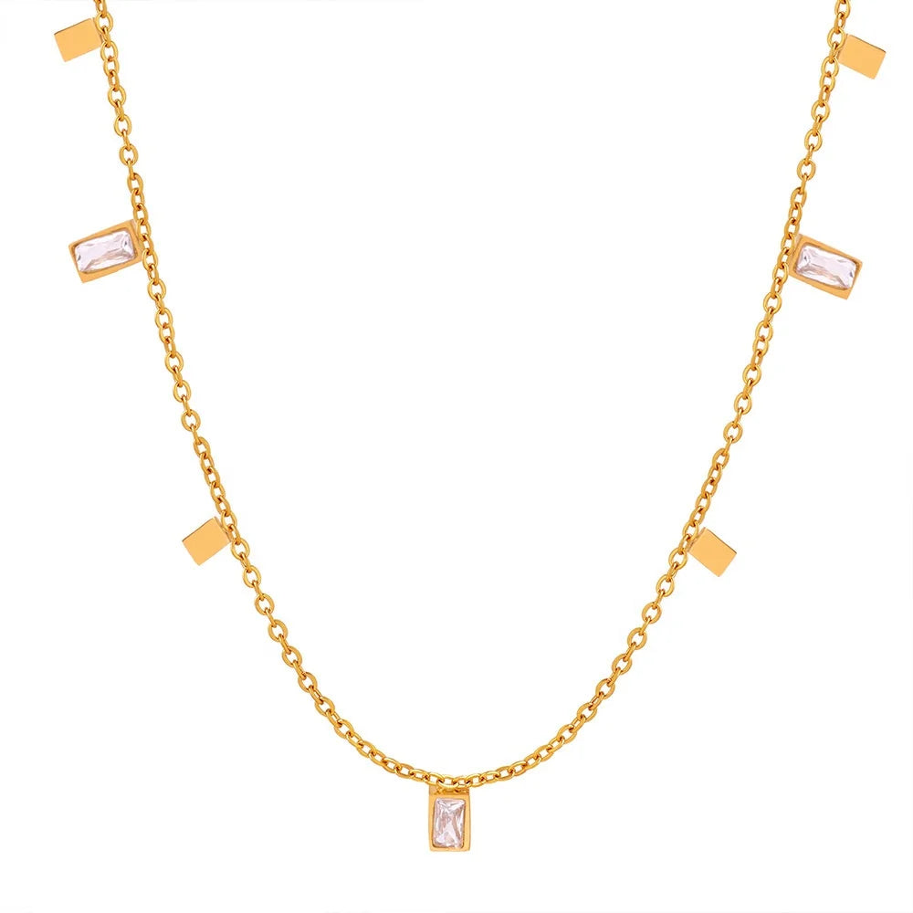 Women Personalized Elegant Jewelry 18k Gold Plated Stainless Steel Small Rectangle Shape Cubic Zircon Cz Pendant Necklace