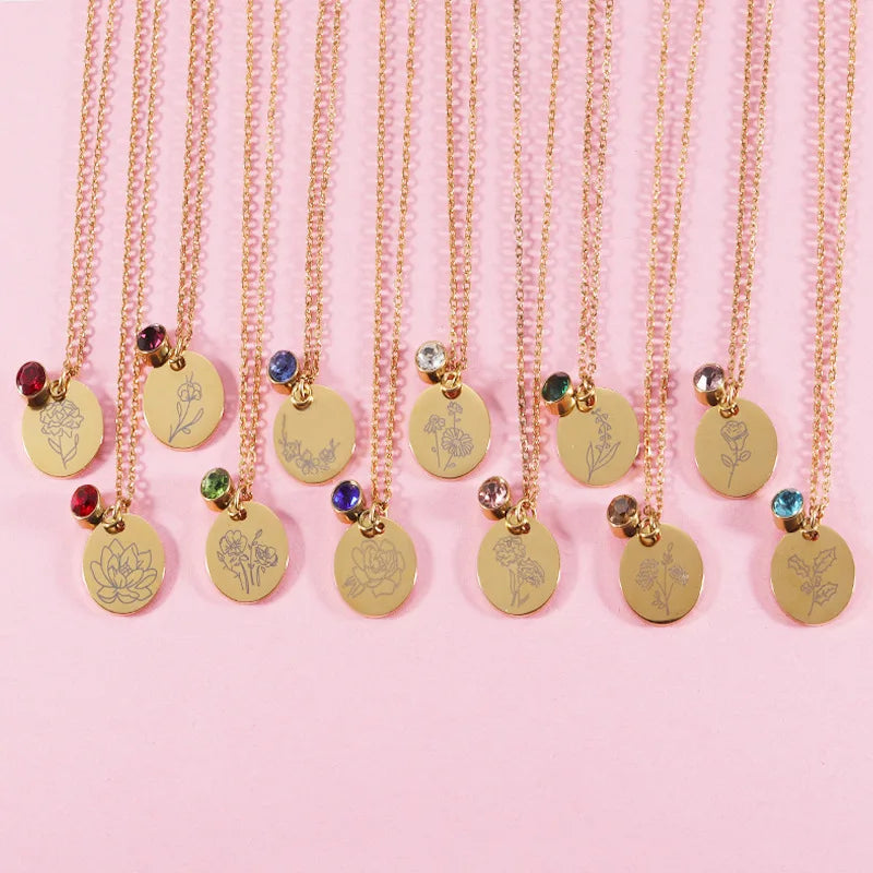 2025 Personalized Customized 18K Gold Plated Stainless Steel Birthstone & Birth Month Flower Link Chain Necklace for Women
