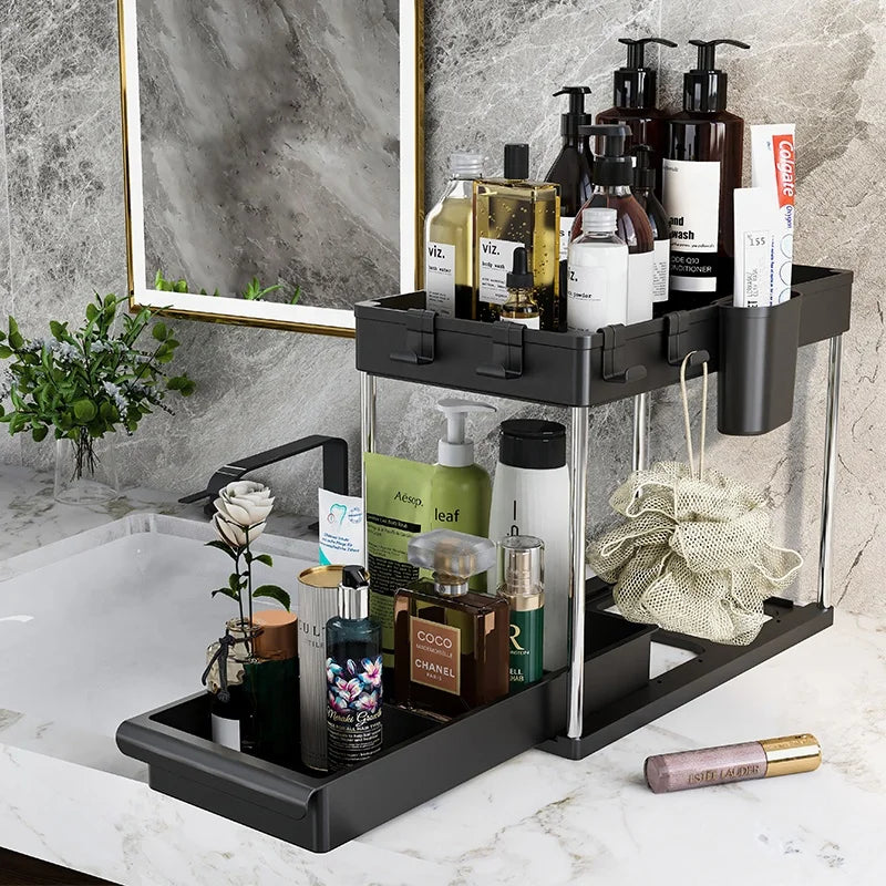 Double Tier Plastic Under Sink Cabinet Organizer with Sliding Storage Drawer and Hooks Eco-Friendly