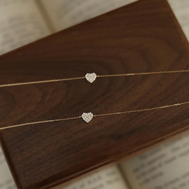 Cute Simple Fashion 14K Gold Plating Pure 925 Sterling Silver Thin Chain CZ Zircon Heart Bracelets for Women Girls Jewelry