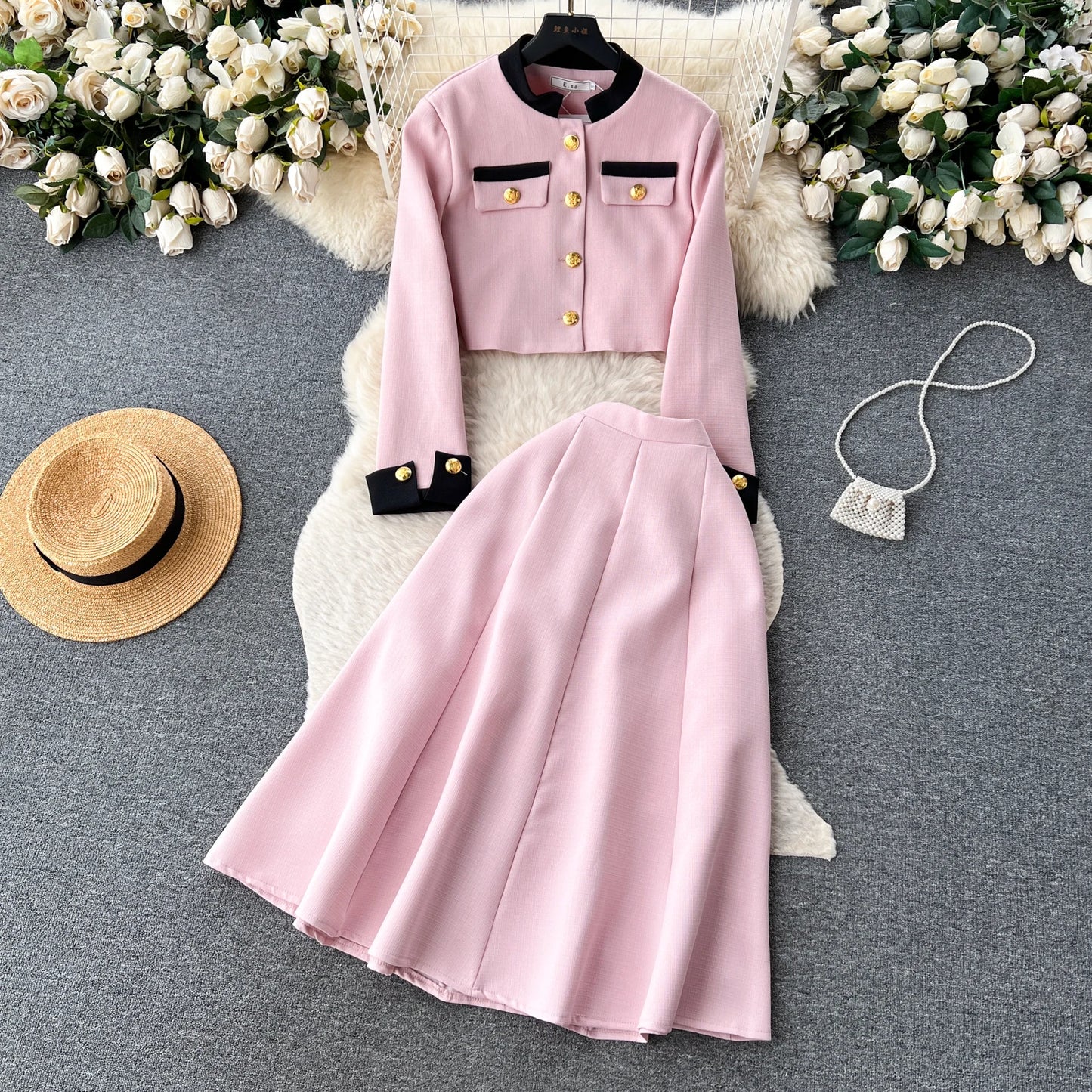 LE2102 Mingyuan Xiaoxiang Style Metal Breasted Round Neck Suit High-Waisted Slimming Skirt Jacket Women'S Two-Piece Set
