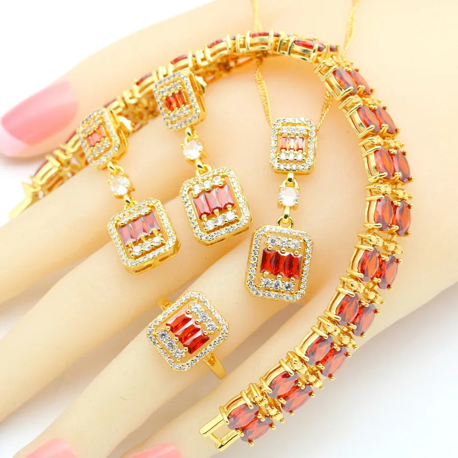 2023 New Red Zirconia Crystal Set for Women Classic Alloy Bracelet Earrings Ring Pendant Necklace for Wedding Party Anniversa