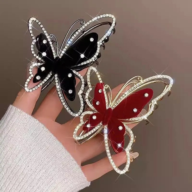 Velvet Butterfly Bow Hairpin Women's Rhinestone Large Shark Hairpin on the Back of the Head Crystal Pearl Metal Hair Claw Cli