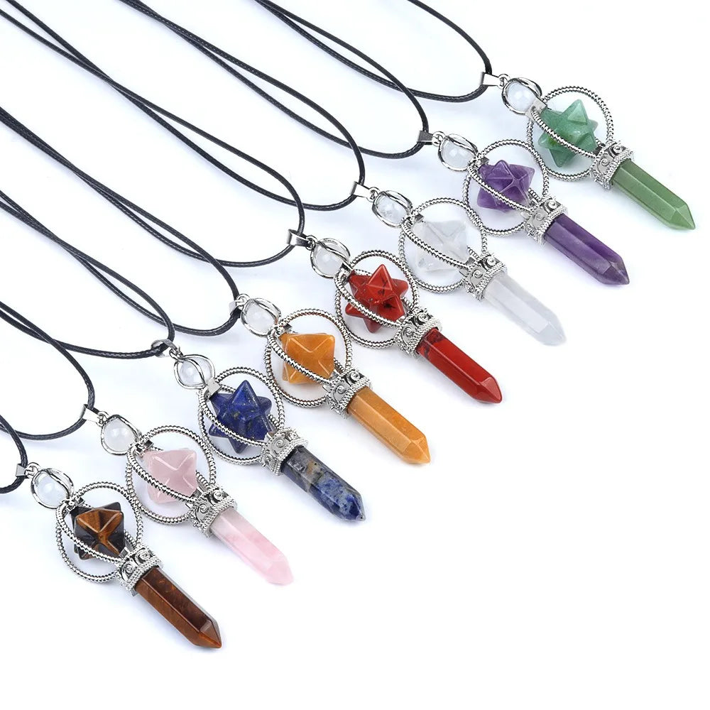 Wholesale Energy Crystal Merkaba Necklace Natural Rose Quartz Amethyst Gemstone Big Six Point Star Hexagonal Necklace