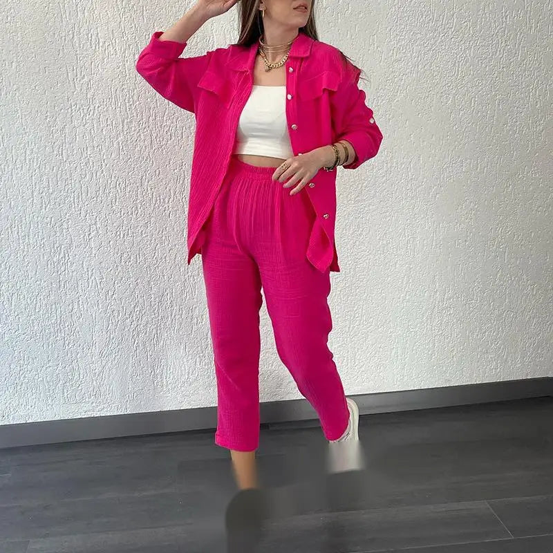 S-2XL  Casual Set New Double Layered Crepe Loose Large Lapel Long Sleeved Shirt Casual Set
