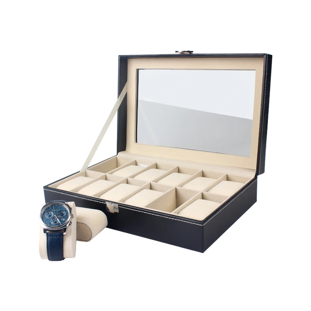 12 Slots Glass Window Display Watch Storage Organizer Black Leatherette Wrist Watches Boxes & Cases