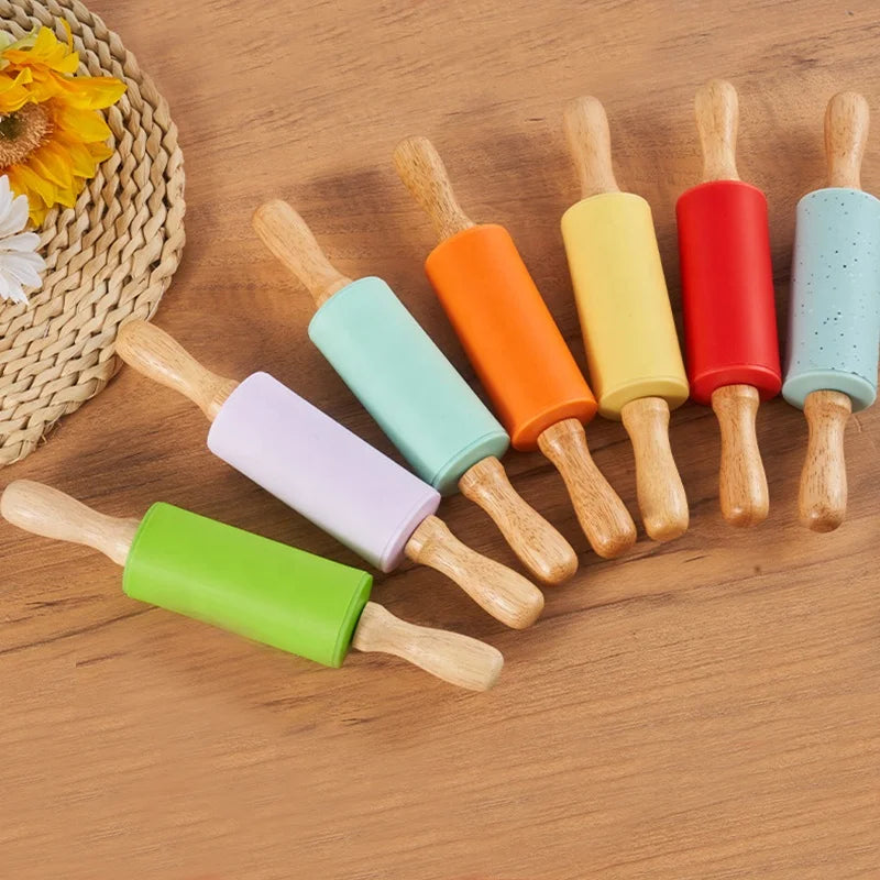 Christmas Small Playdough Tools Baking Kit Playdough Roller Kids Silicone Wooden Rolling Pin for Pastry Clay Dough Fondant