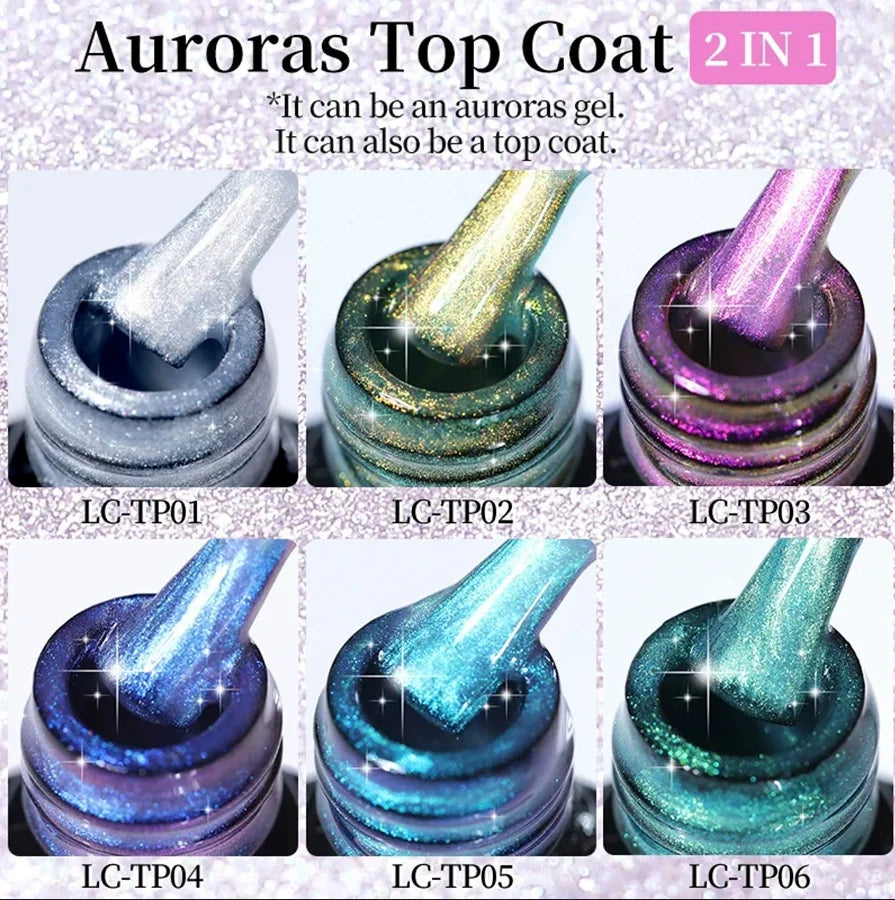 8ml 2 in 1 Auroras Top Coat Gel Nail Polish Aurora Holographic Gel Nail Polish Semi Permanent Soak Off UV LED DIY Nail Varnis