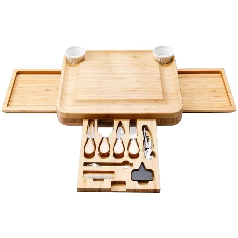 Expandable Bamboo Cheese Board Set with 8-Piece Knives & Wine Opener - Pull-Out Trays & Dip Bowls (OEM/ODM)
