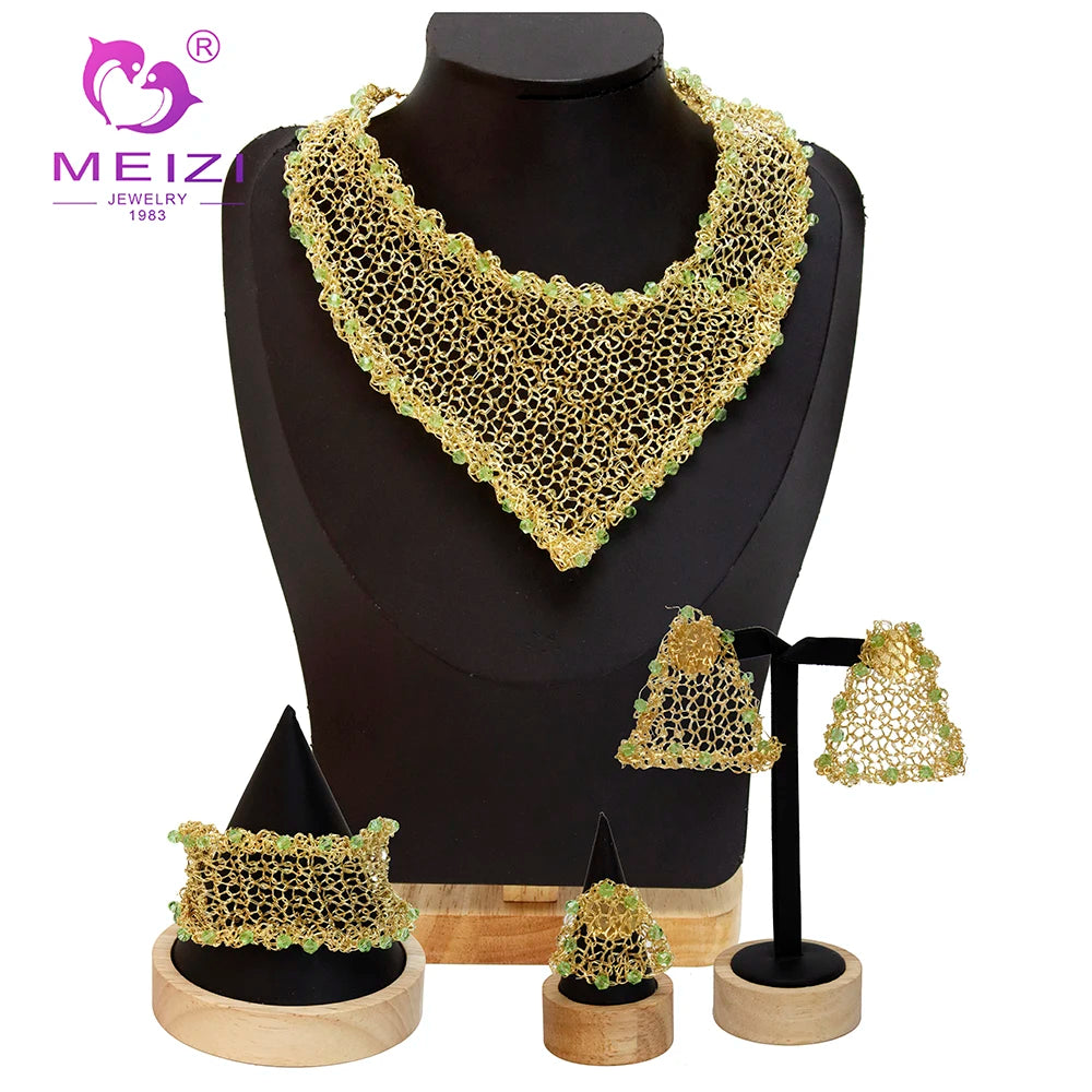 MEIZI  24K Gold Jewelry Set Bride Gold-Plated Four-Piece Necklace Earrings Bracelet and Ring Set Dubai Bridal Jewelry Sets