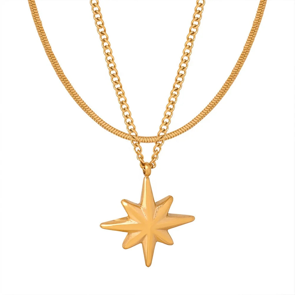 Ins Style Women Minimalist Dainty Fashion Jewelry 18k Gold Plated Stainless Steel Double Layers Design Star Pendant Necklace