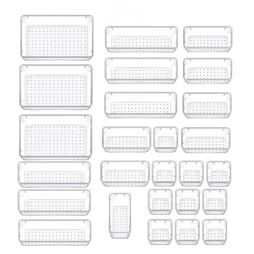 21/26pcs Clear Plastic Drawer Storage Boxes Durable Household Drawer Organizer Set for Utensils/Stationery/Makeup Items