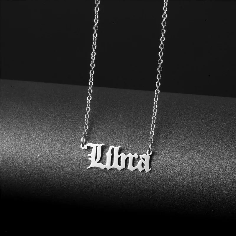 Stainless Steel Old English Font Silver Waterproof Tarnish Free Horoscope Tewelve Zodiac Name Chain Necklace Jewelry Women