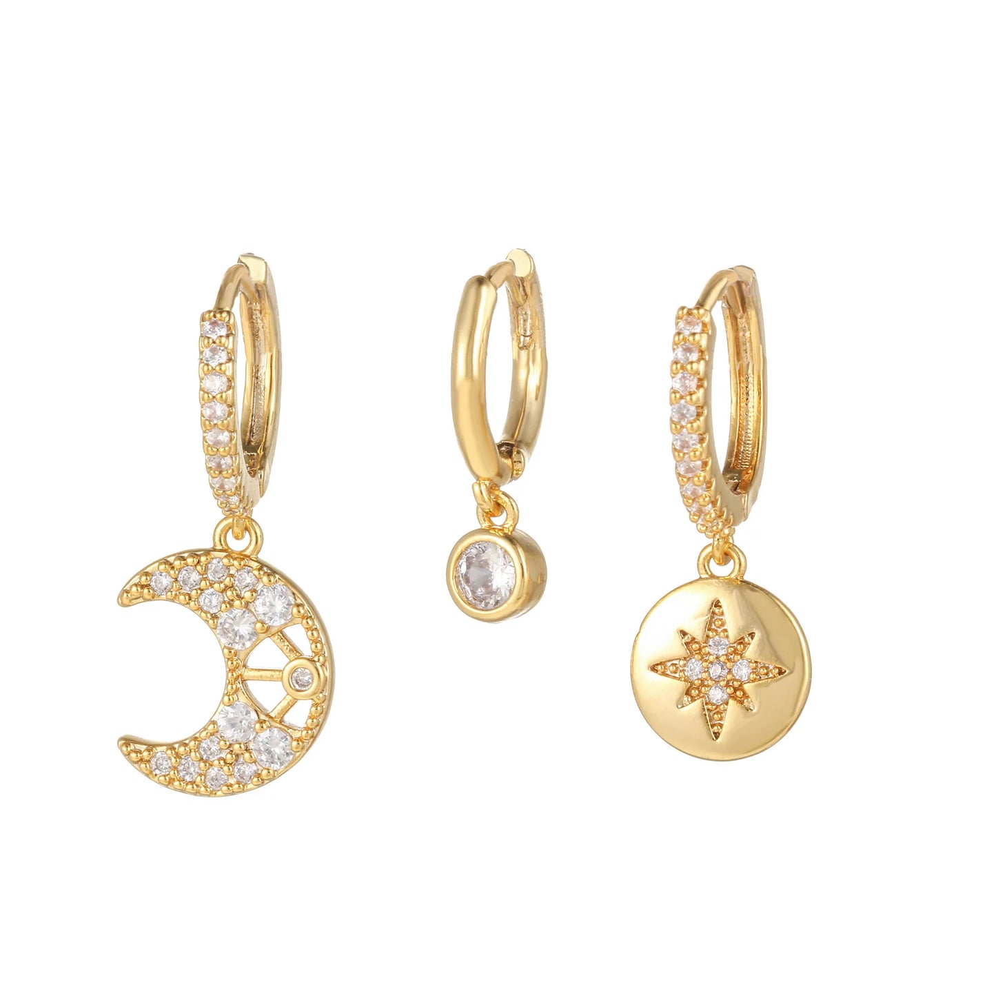 European Fine Women's Jewelry Set 18K Real Gold Sparkling Zircon 3pcs Diamonds Drop Hoop Earrings Geometric Trendy Huggie Hug