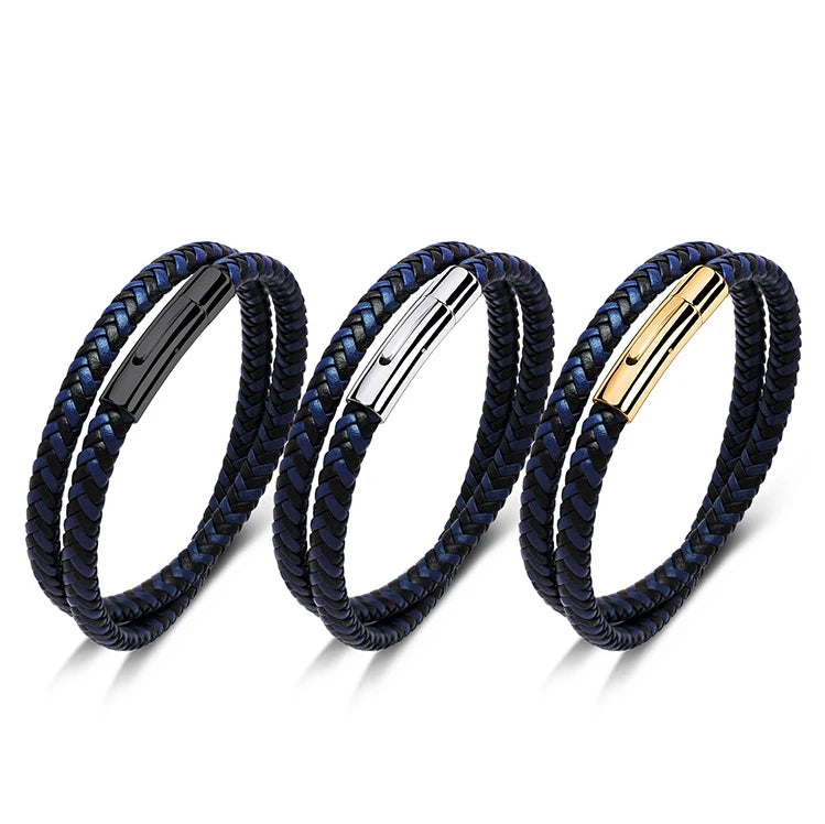 Korean and Japanese Style Double-Row Blue Braided Leather Wrist Bracelet Men's and Women's Fashion Wrap Bracelets