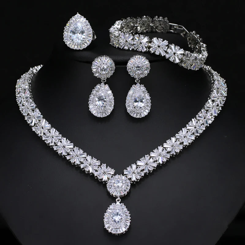 4 Piece Women Super Sparkling Heavy Cubic Zirconia Stone Luxury Nigerians Pakistani Bridal Wedding Dress Jewelry Set for Brid