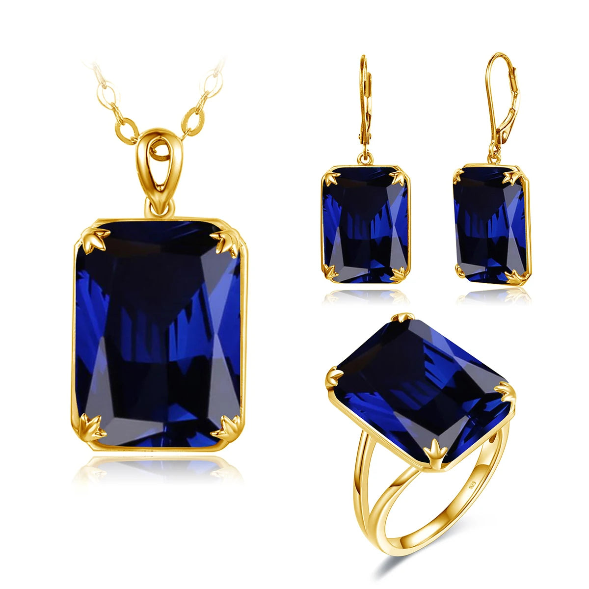 Szjinao Women Sparkling Blue Sapphire Pendant Earrings Ring Set Real 925 Sterling Silver Gold Plated Luxury Jewelry Set